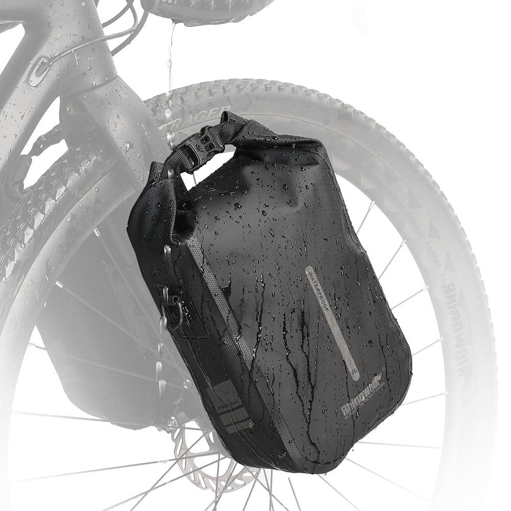 Bike Fork Bag 4L made by Rhinowalk. This fork bag is made of 840D nylon and is protected by an extra layer of waterproof material