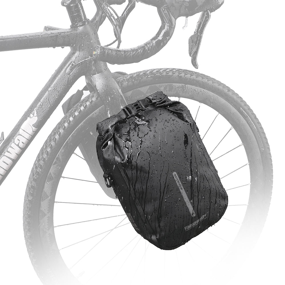 Bike Fork Bag 6L made by Rhinowalk. This fork bag is made of 840D nylon and is protected by an extra layer of waterproof material