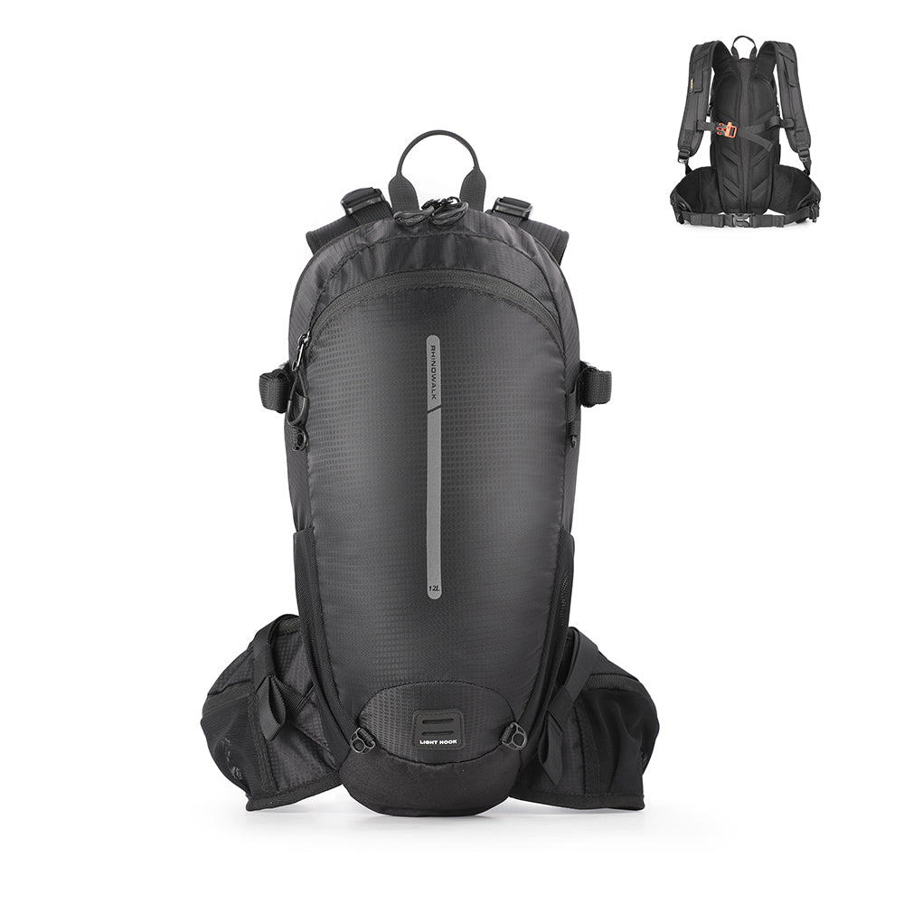 Bike Backpack 12L made by Rhinowalk. Inverted triangle bag with a wide upper and narrow lower body.