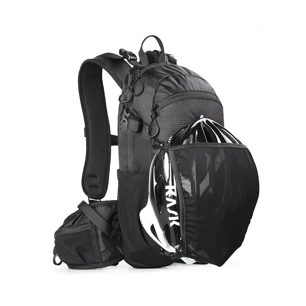 Bike Backpack 12L made by Rhinowalk. Inverted triangle bag with a wide upper and narrow lower body.